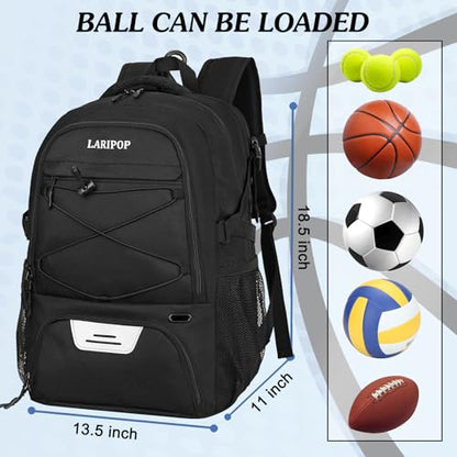 LARIPOP Basketball Backpack Large Basketball Bag with Ball Holder & Shoe Compartment for Adults Men Women - color: Black