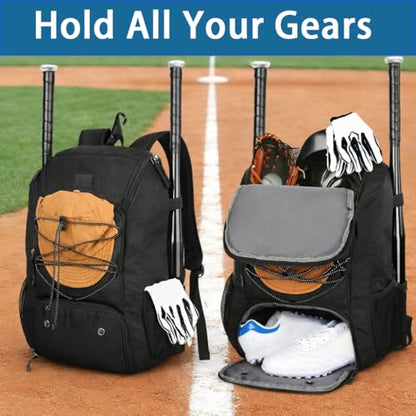 MATEIN Youth Baseball Backpack, Softball Bat Bag with Shoes Compartment - color: Black, size: 29L