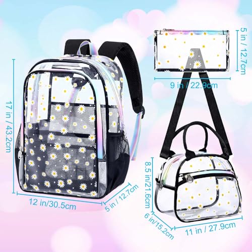 gxtvo 3PCS Girls Clear Backpack Heavy-Duty Set for Women & Teen, 17" Black Transparent Bookbag with Rainbow Strap, Cute Chrysanthemum See Through School Bag - color: Black Chrysanthemum Clear Backpack Set