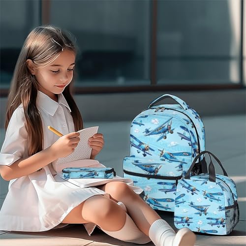 Kids Backpack with Lunch Bag and Pencil Case - 3Pcs Airplane Backpacks Set for Boys - Durable Toddler Bookbag for Kindergarten, Primary & Elementary (17 Inch) - color: Light Blue