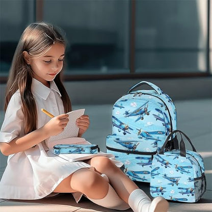 Kids Backpack with Lunch Bag and Pencil Case - 3Pcs Airplane Backpacks Set for Boys - Durable Toddler Bookbag for Kindergarten, Primary & Elementary (17 Inch) - color: Light Blue