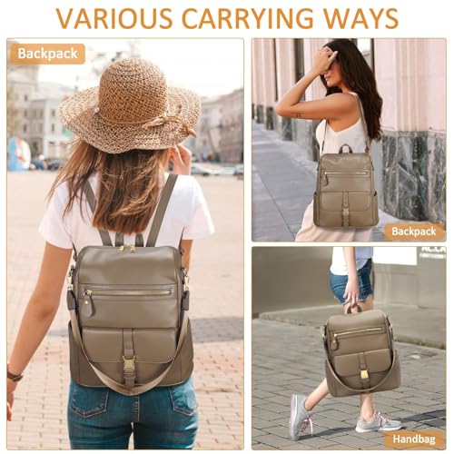 KKXIU Backpack Purse for Women - Multi-pocket Leather backpack for Travel, Work & School with Anti-Theft Lock Pocket, Luggage Strap & Water Bottle Pockets - 13x14x5.2 Inch, 1.67lb (Khaki) - color: Khaki