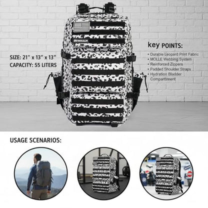 Military Tactical Backpack 55L for Men & Women Bug Out Bag Assault pack Molle Daypack Hiking Trekking Rucksack (Leopard print color) - color: Leopard Print Color