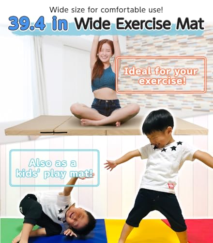 KaRaDaStyle Gymnastics Mat Folding Stretch Mats 71"x39"x2" Exercise Muscle Training Children Play Horizontal Bar Mat Yoga Sports Soundproof Home Use - color: Beige/4-fold