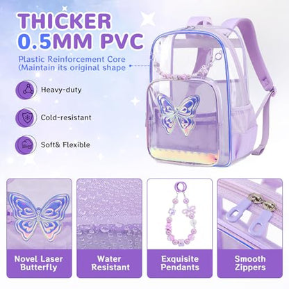 MUSEVOS Clear Backpack for School, Clear Bookbag for Girls PVC Heavy Duty Transparent Backpack, Purple Butterfly - color: Purple