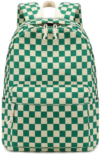 Bluboon School Backpack for Teen Girls Bookbags Elementary High School Corduroy Laptop Bags Women Travel Daypacks - color: Corduroy Green White Checkered