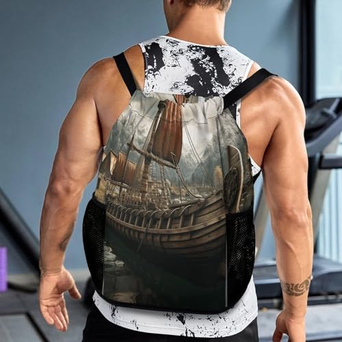 Drawstring Gym Backpack with Shoe Compartment And Wet Pocket, 28L Lightweight Waterproof Old Boat Sports Backpack for Workout Swim Beach Travel String Bag for Men Women