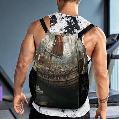 Drawstring Gym Backpack with Shoe Compartment And Wet Pocket, 28L Lightweight Waterproof Old Boat Sports Backpack for Workout Swim Beach Travel String Bag for Men Women