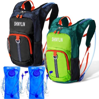 Shinylin 2 Pcs Kids Hydration Backpack with 1.5L Water Bladder Lightweight Kids Hiking Backpack Water Rucksack for Boys Girls Climbing Running - color: Green, Black, style: Classic