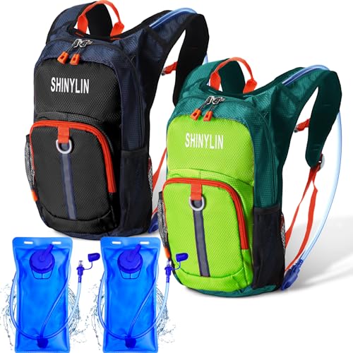 Shinylin 2 Pcs Kids Hydration Backpack with 1.5L Water Bladder Lightweight Kids Hiking Backpack Water Rucksack for Boys Girls Climbing Running - color: Green, Black, style: Classic