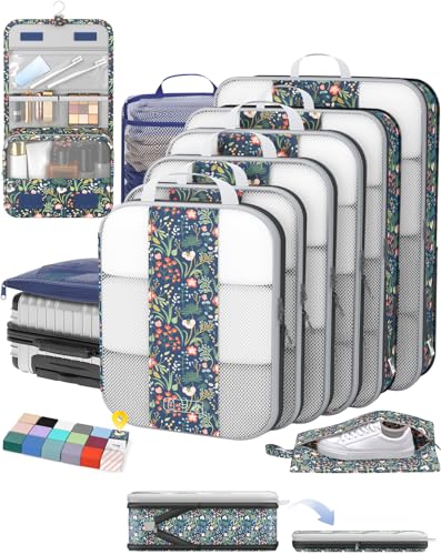 OlarHike 10-Pack Compression Packing Cubes for Travel Essentials,Compressible Expandable Storage Bags for Suitcase,Luggage Garment Bags for Travel,Handy Helper for Organizing Clothes(Dark Blue Floral) - color: Dark Blue Floral