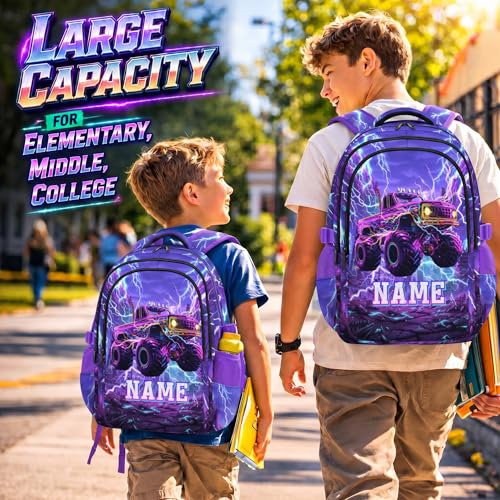 Personalized Backpacks Boys School Backpack for Kids Teen Truck Lovers, Custom Large Capacity Car Bookbag for Students Travel Camping Casual - color: Purple