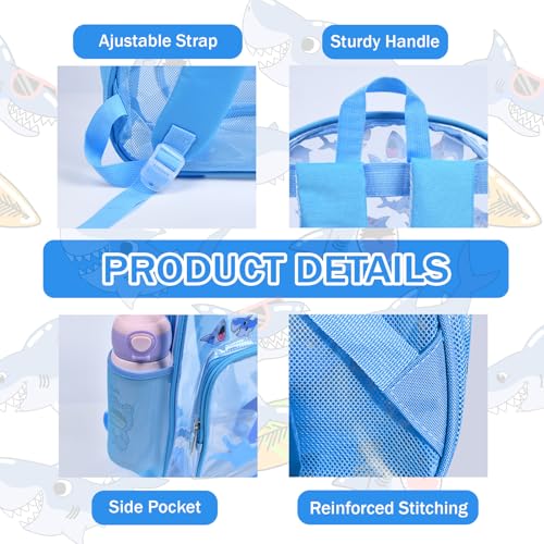 3PCS Clear Blue Backpack for School - Shark Cartoon Kids Clear Backpacks for Boys and Girls, Heavy Duty Transparent Bookbag with Lunch Bag and Pencil Case - See Through PVC Transparent Bookbag - color: Blue-Shark