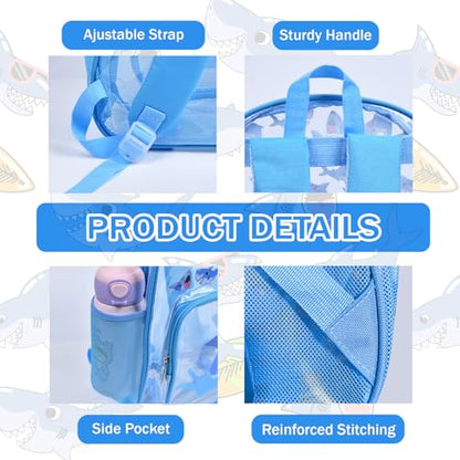 3PCS Clear Blue Backpack for School - Shark Cartoon Kids Clear Backpacks for Boys and Girls, Heavy Duty Transparent Bookbag with Lunch Bag and Pencil Case - See Through PVC Transparent Bookbag - color: Blue-Shark