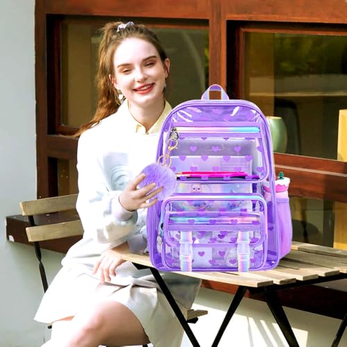 KLFVB 3PCS Transparent Backpack Heavy Duty, Girls See Through School Bag Set, Cute Clear Bookbag for Women - Heart Love Purple - color: Heart Love Purple Clear Backpack