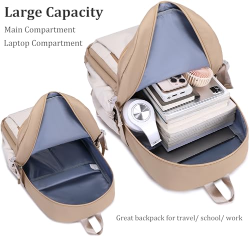 JIANYA Laptop Backpack for College Women Travel Backpack Big Student School Bag, Water Resistant Fits 15.6" Notebook - color: Khaki+beige
