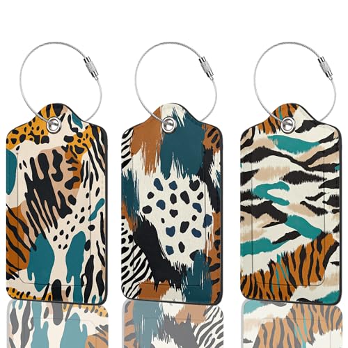 Animal Print 3 Pack PU Leahter Luggage Tag with Stainless Steel Loop, Travel Suitcase Labels with Privacy Cover ID Label Quickly Spot for Bags - color: Animal Print