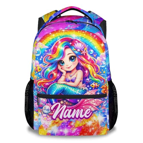 School Backpack for Girls Personalized Mermaid Bookbag - Custom Kids School Bag with Name, Large Capacity Daypack for Preschool, Kindergarten, Elementary (17 Inch) - color: Blue