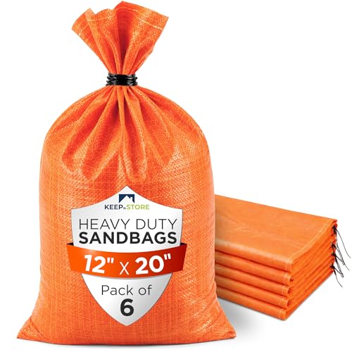 Heavy Duty Sand Bags Pack of 6, Bright Orange Empty Sandbags with Built-In Ties, Woven Polypropylene UV Protection 1600 Hours, Fillable Bags for Flood Control, Weight, 12x20 inches, 25 Pounds Volume - size: 12"W x 20"L, style: Pack of 6