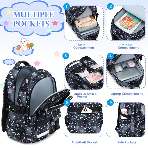 AO ALI VICTORY Backpack for Girls with Lunch Bag Pencil Case Kids School Bags for Kindergarten Elementary Middle Primary Schoolbag Cute 16 inch Laptop Bookbag Students 3 PCS Cute Bookbag, Black Set - color: Black Set