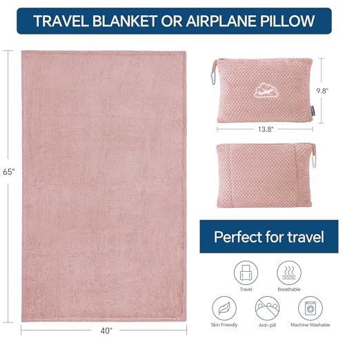 BEDELITE Travel Blanket with Bag, Ultra-Soft Jacquard Fleece Blanket with Luggage Sleeve & Backpack Clip, Airplane Blanket Travel Essentials, Pink - color: Pink