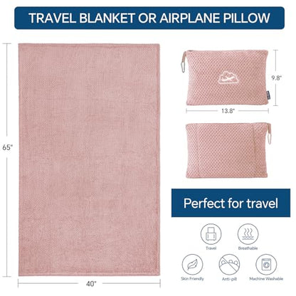 BEDELITE Travel Blanket with Bag, Ultra-Soft Jacquard Fleece Blanket with Luggage Sleeve & Backpack Clip, Airplane Blanket Travel Essentials, Pink - color: Pink