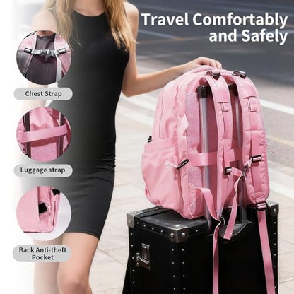 Travel Backpack for Women Men Carry on Backpack, Airline Approved Large Travel Bag Flight Approved Personal item, 15.6 Inch Laptop Backpack Casual Daypack for Weekender Business Hiking-PINK - color: Pink