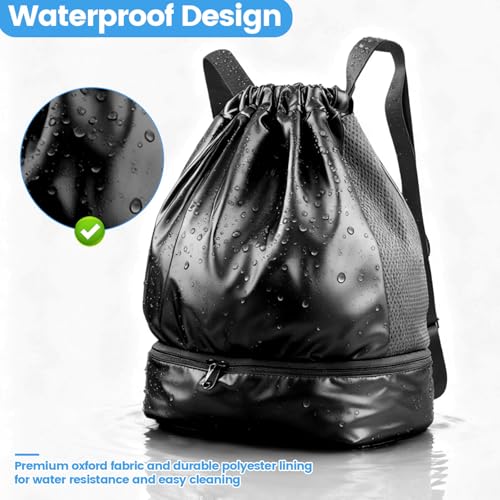 Sports Drawstring Backpack for Women, Pearlized Waterproof Swim Gym Bag with Shoes Compartment and Wet Proof Pocket, Pull String Baackpack Beach Cinch,Black