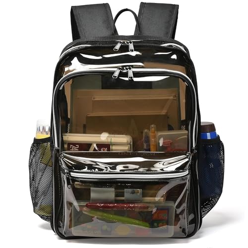 Clear Backpack,Clear Backpacks for School Heavy Duty See Through Bookbag Waterproof Backpack for Men Women - color: Clear Black, size: Large-15.5in