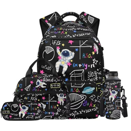 Math Astronaut Backpack for Boys Kids School Backpack with Lunch Box Pencil Case Water Bottle Carrier 4 Pieces Kindergarten Elementary School Backpacks for Boys 17 Inch Lightweight Bookbag - color: Math Astronaut
