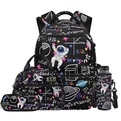 Math Astronaut Backpack for Boys Kids School Backpack with Lunch Box Pencil Case Water Bottle Carrier 4 Pieces Kindergarten Elementary School Backpacks for Boys 17 Inch Lightweight Bookbag - color: Math Astronaut