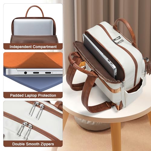 Shrrie Laptop Backpack for Women 15.6 inch Travel Leather Backpack Purse Work Computer Backpacks for Business College Beige - color: Beige