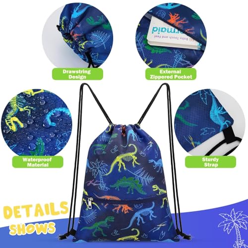 WAWASAM Kids Drawstring Backpack, Gym Swim Bag Cinch Bag for Girls Boys with Zipper Pocket - color: Dinosuar E