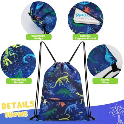WAWASAM Kids Drawstring Backpack, Gym Swim Bag Cinch Bag for Girls Boys with Zipper Pocket - color: Dinosuar E