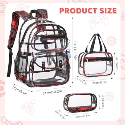 ACESAK Clear Backpack for Boys - 3 Pcs Clear Backpack Heavy Duty with Lunch Bag - See Through Bookbag Stadium Approved for Kids Middle High College School Sport Travel (Red) - color: Red