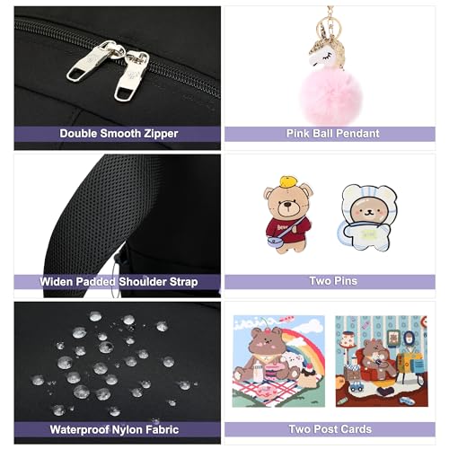 Backpack for Girls with Accessories Laptop Bookbags 16 Inch Kawaii Kids Elementary Middle High School Bag College Travel Daypack Gifts for Teens Women Students (Black Purple) - color: Black Purple