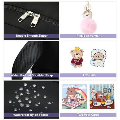 Backpack for Girls with Accessories Laptop Bookbags 16 Inch Kawaii Kids Elementary Middle High School Bag College Travel Daypack Gifts for Teens Women Students (Black Purple) - color: Black Purple
