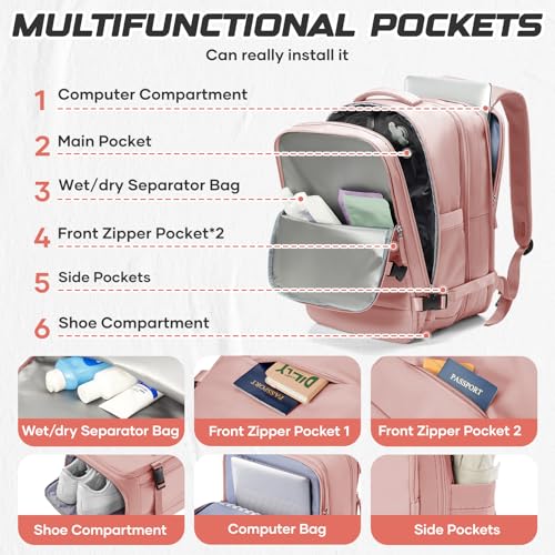 Travel Backpack with Compression Vacuum Storage Bag & Electric Pump, Expandable Flight Approved Carry On Backpack, 18x14x8 inches Personal Item Travel Bag for Men Women, Pink - color: Pink