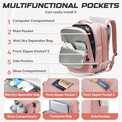 Travel Backpack with Compression Vacuum Storage Bag & Electric Pump, Expandable Flight Approved Carry On Backpack, 18x14x8 inches Personal Item Travel Bag for Men Women, Pink - color: Pink