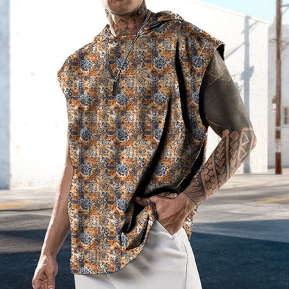 domirica Sleeveless Hooded Mens Shirt Tshirts Loose Fit Fitness Street Outfit Summer Regular Casual Tank Top - color: Aztec, size: XX-Large