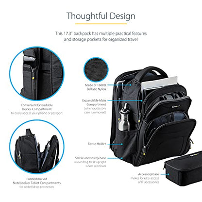 StarTech.com 17.3" Laptop Backpack with Removable Accessory Case - Professional IT Tech Backpack for Work/Travel/Commute - Durable Ergonomic Computer Bag - Nylon - Notebook/Tablet Pockets (NTBKBAG173) - size: 17.3"