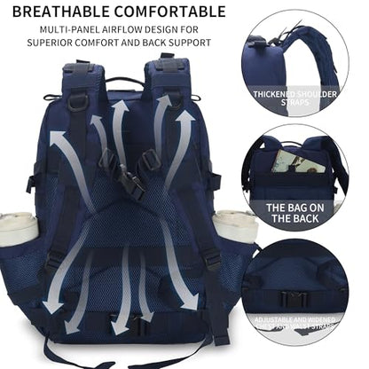 Sparklekle Military Tactical Backpack 45L 3 Day Assault Pack Waterproof Molle Hiking Rucksack for Men and Women (Blue) - color: Navy, size: 45L