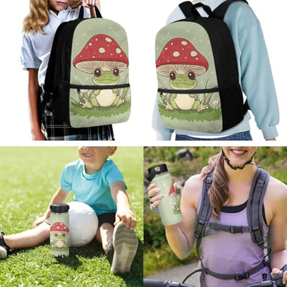 ZOUTAIRONG Green Frog Mushroom Mini Thermos and School Bags for Boys Girls 7-10/10-12/12-16, Casual Backpack with Side Pockets for School Travel - color: Green Frog Mushroom