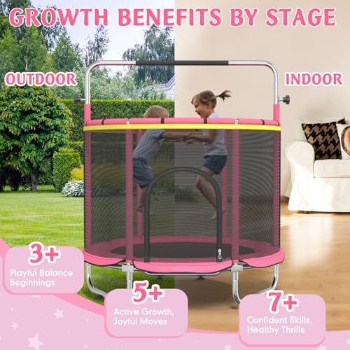 Trampoline for Kids, 55" Indoor & Outdoor Toddler Trampoline, Anti-Rollover Bottom Kids Toys with Adjustable Gymnastics Bars, Toddler Swing, Basketball Hoop - color: RoseRed