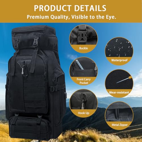 80L Camping Hiking Backpack, Large Military Tactical Backpack with USB Charging Port, Waterproof Travel Daypack With Carabiner Outdoor MOLLE Rucksack for Men Women (Black) - color: 80l Black-biner