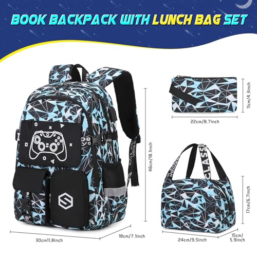 Scothen Boys Backpack, Cool Luminous School Backpack with Lunch Bag Pencil Case, Kids Backpack Kindergarten Elementary Middle School Book Bags for Teen Boys Children with USB Charging Port - color: Blue Graffiti