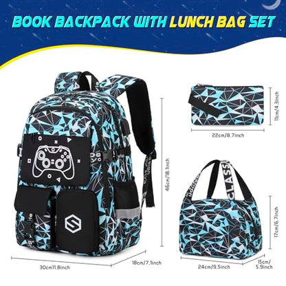 Scothen Boys Backpack, Cool Luminous School Backpack with Lunch Bag Pencil Case, Kids Backpack Kindergarten Elementary Middle School Book Bags for Teen Boys Children with USB Charging Port - color: Blue Graffiti
