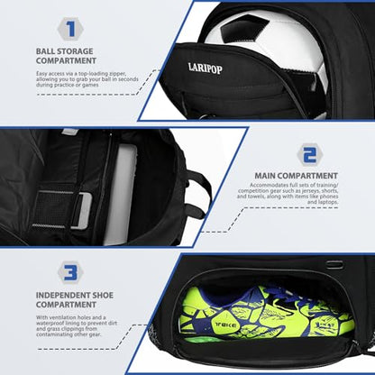 LARIPOP Soccer Backpack with Ball Holder & Shoe Compartment Large Capacity Sports Bag for Training - color: black
