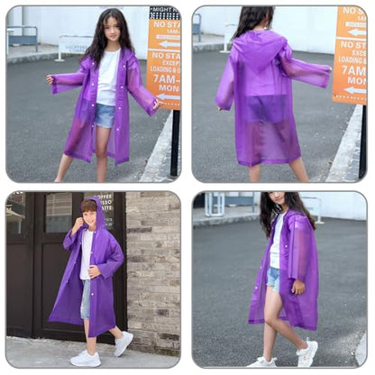 Rain Ponchos Raincoats for Kids, Reusable Boys Girls Rain Jackets Emergency with Hood for Family Disney Travel Outdoor - color: E-purple