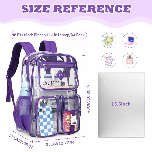 PIG PIG GIRL Clear Backpack for School,Heavy Duty PVC Transparent Bookbag for Girls Stadium Approved See Through Backpack - color: Dark Purple